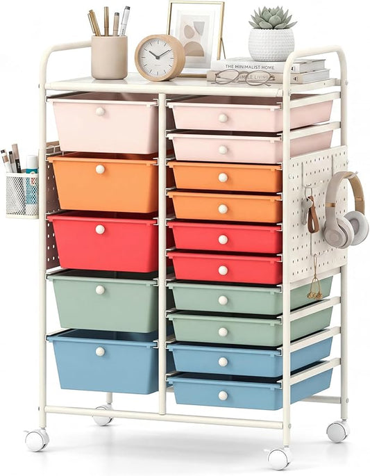 GOFLAME 15-Drawer Rolling Storage Cart with Pegboard, Craft Storage Cart with Lockable Wheels and Metal Frame, Art Cart Supply Storage Organizer for Home Office Classroom, Macaron Color