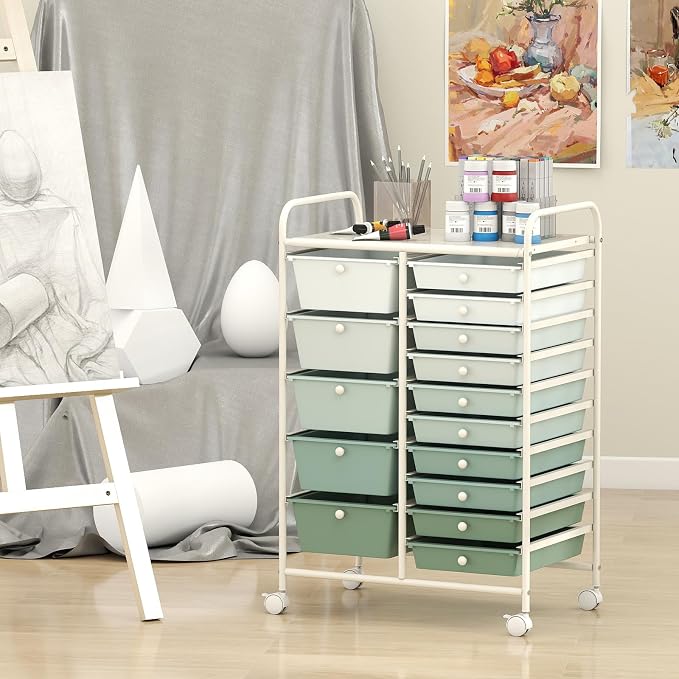 LDAILY 15 Drawer Rolling Storage Cart, Rolling Cart with Drawers for Classroom, Art Supply Craft Organizer on Wheel with Metal Frame & Handles for Home Office School (Gradient Green, 15 Drawer)