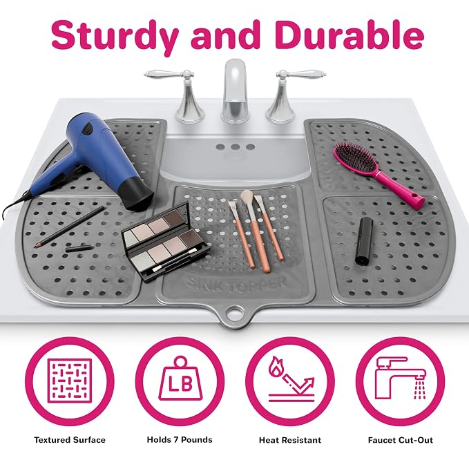 Sink Topper Bathroom Counter Cover & Storage Saver, Foldable Silicone Mat for Hot Tools, Hair Styling & Makeup, Beauty Brush Cleaning Mat, RV Camper Sink Cover & for Small Spaces (Large Silver)