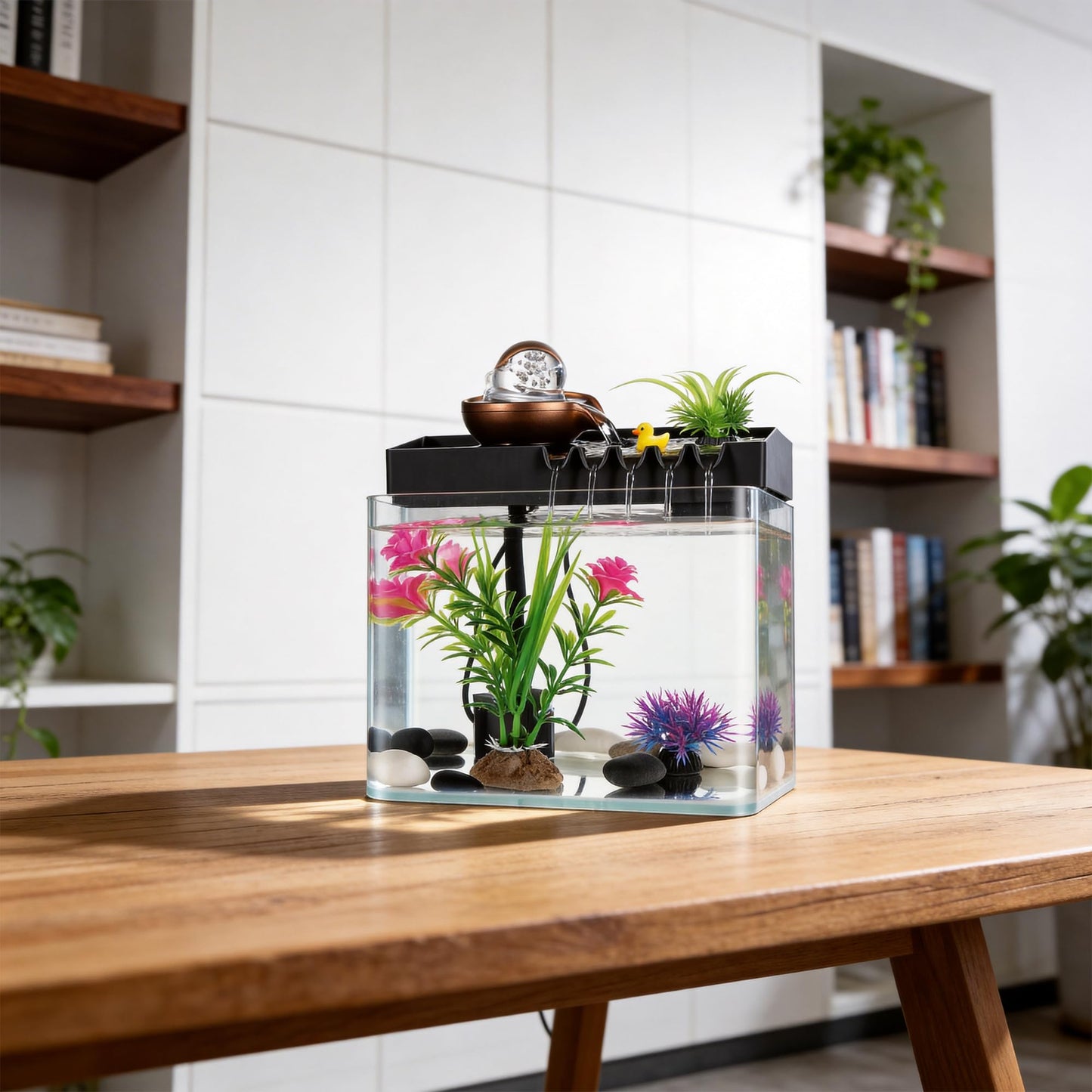 GY SoftGleam Indoor Water Fountain, 5-in-1 Tabletop Waterfall with Fish Tank & Mist Spray Humidifier, Desktop Fountain for Office Decor, Relaxing Small Water Feature for Bedroom Living Room Home