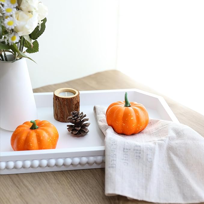 Hrastany White Wood Serving Tray with Beads, Farmhouse Decorative Tray for Table Centerpiece, Christmas Wedding Halloween Home Decor