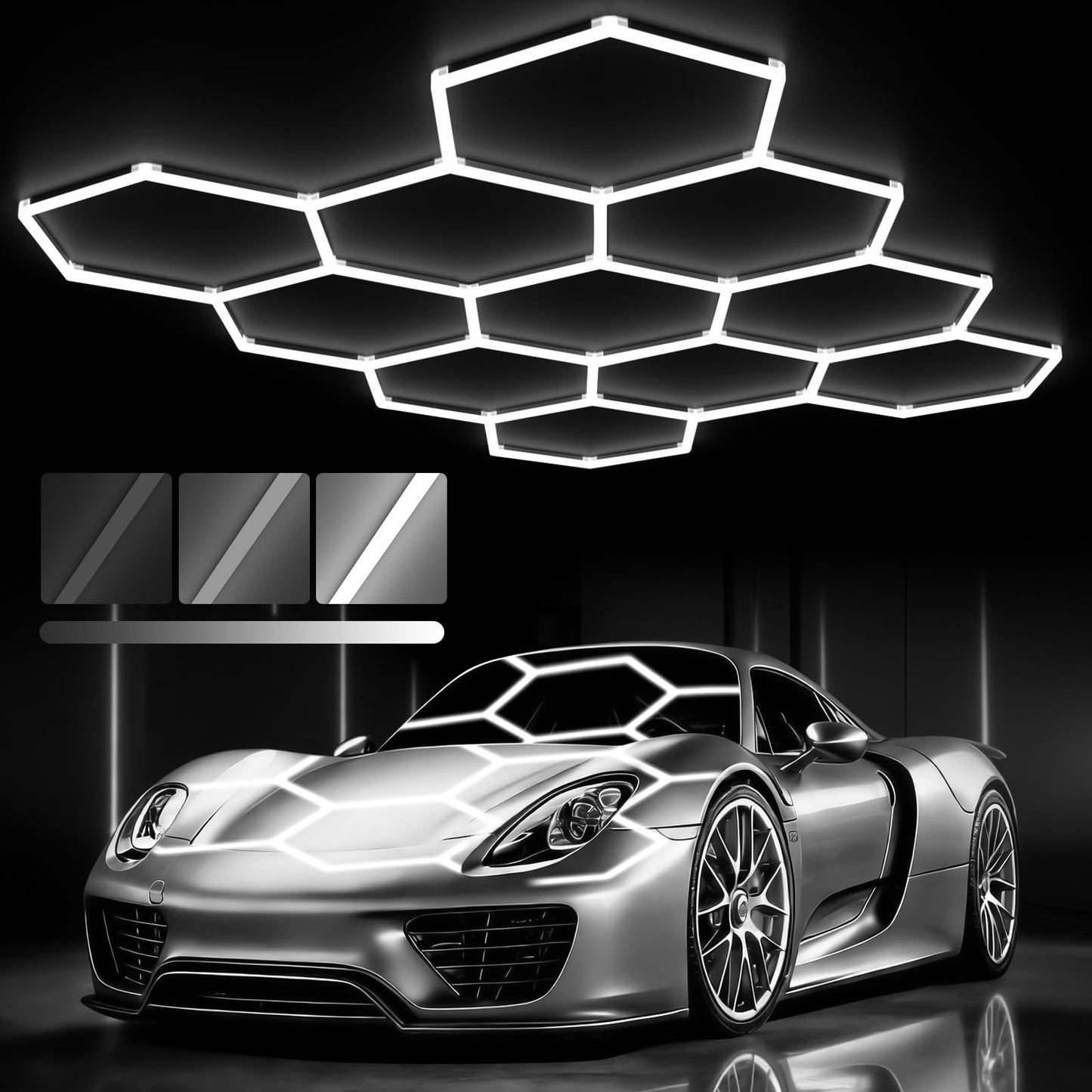 Glitgate Hexagon Garage Lights: 3 Level Dimmable 11 Hex Grid Light Shop Light 322W 35420LM, 6500K Daylight White Honeycomb Ceiling Lighting System, Super Bright Garage Lights LED for Workshop