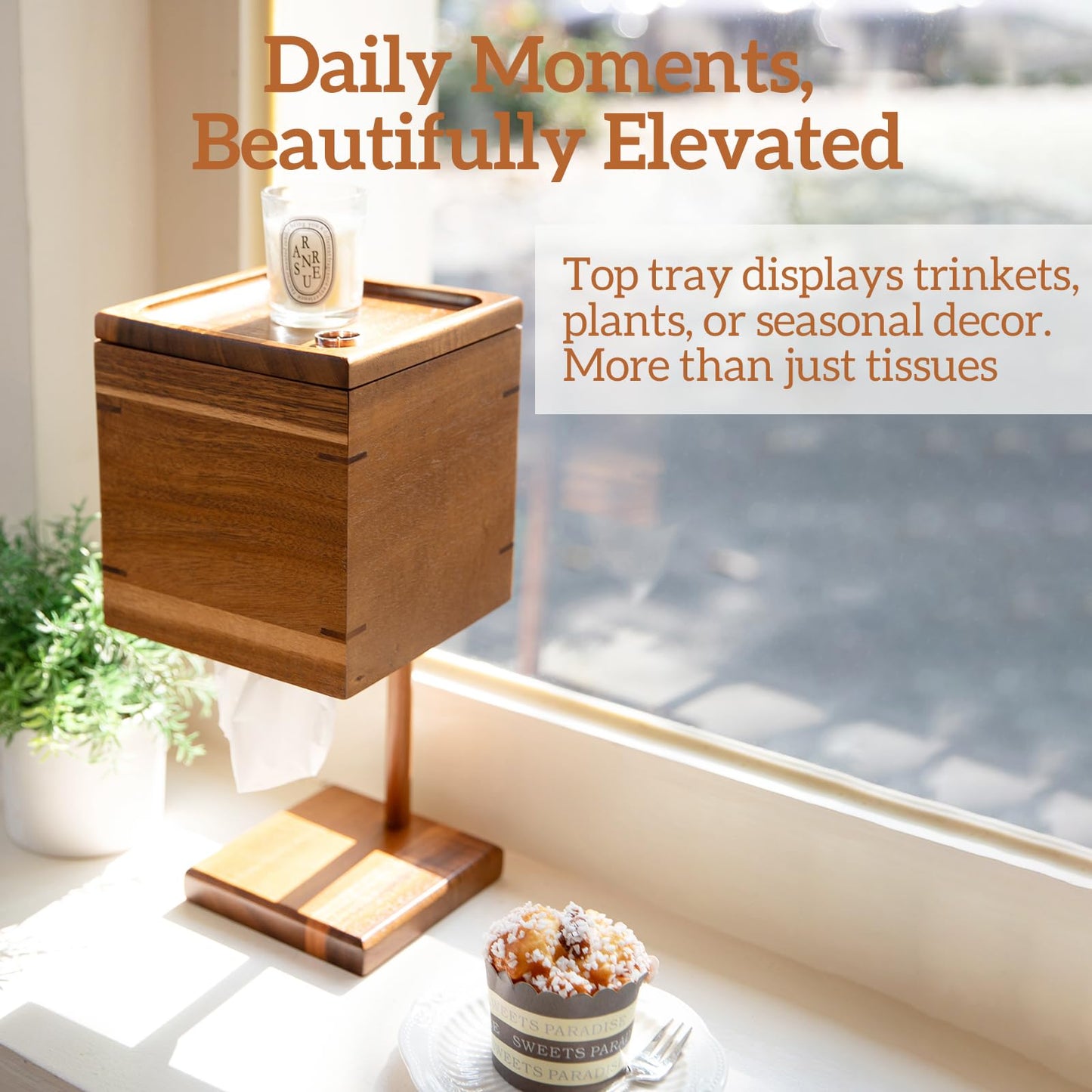 Wooden Tissue Box Cover Square - Acacia Wood Tissue Box Holder, Toilet Paper Holder Stand, Countertop Bathroom Accessories for Rustic or Modern Home