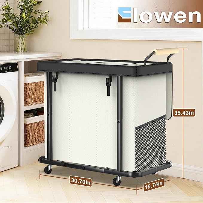 Rolling Laundry Hamper with Wheels, Laundry Hamper 3 Section with Lid, Laundry Basket with Rolling Lockable Wheels and Handle, Laundry Basket Organizer for Laundry Room, Bedroom 230L Beige