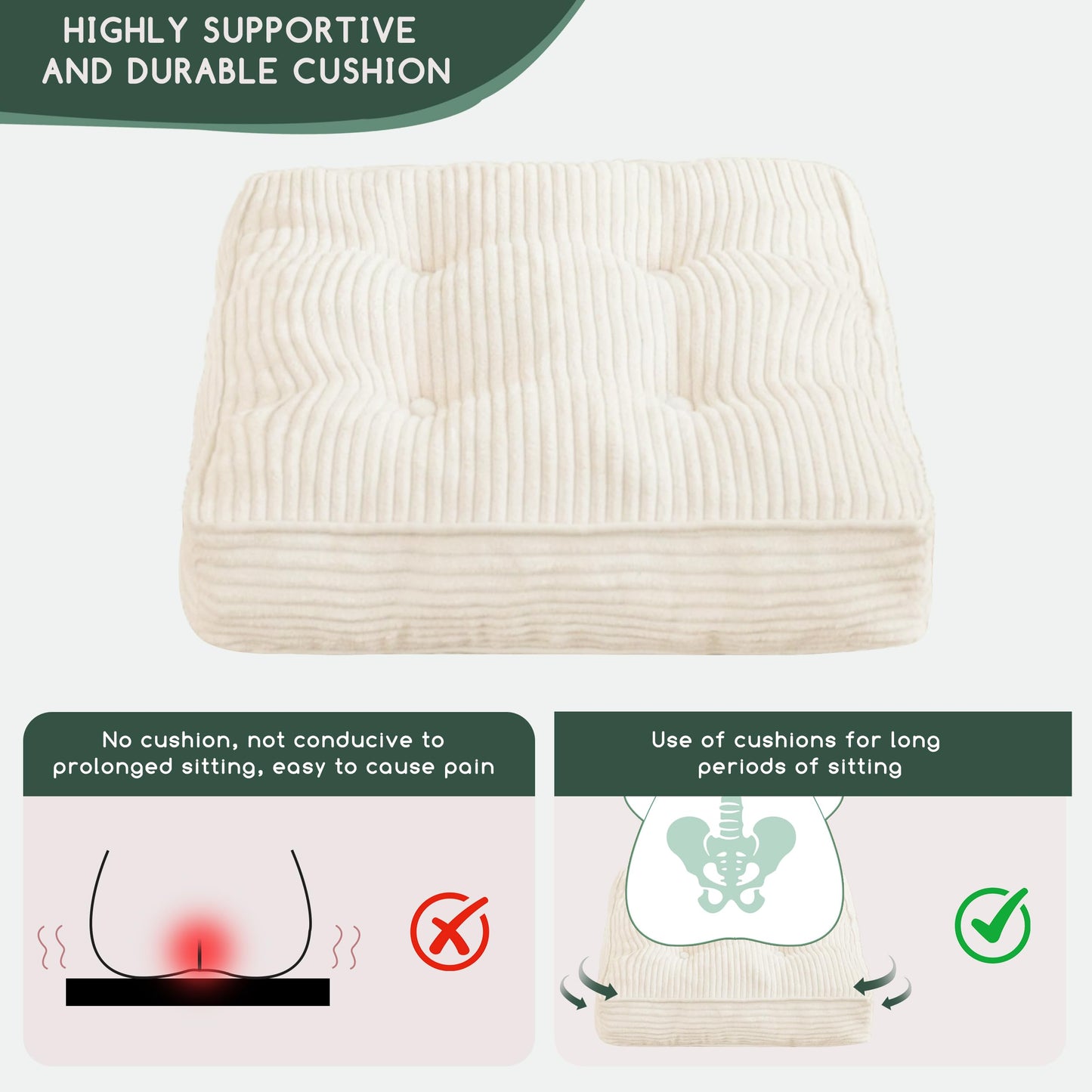 HIGOGOGO Tufted Corduroy Recliner Seat Cushion for Elderly, High Density Foam Large Square Seat Cushion for Recliner Chair, Floor Pillow, Office Chair, Car, No Pressure on Thighs, 20x20x4