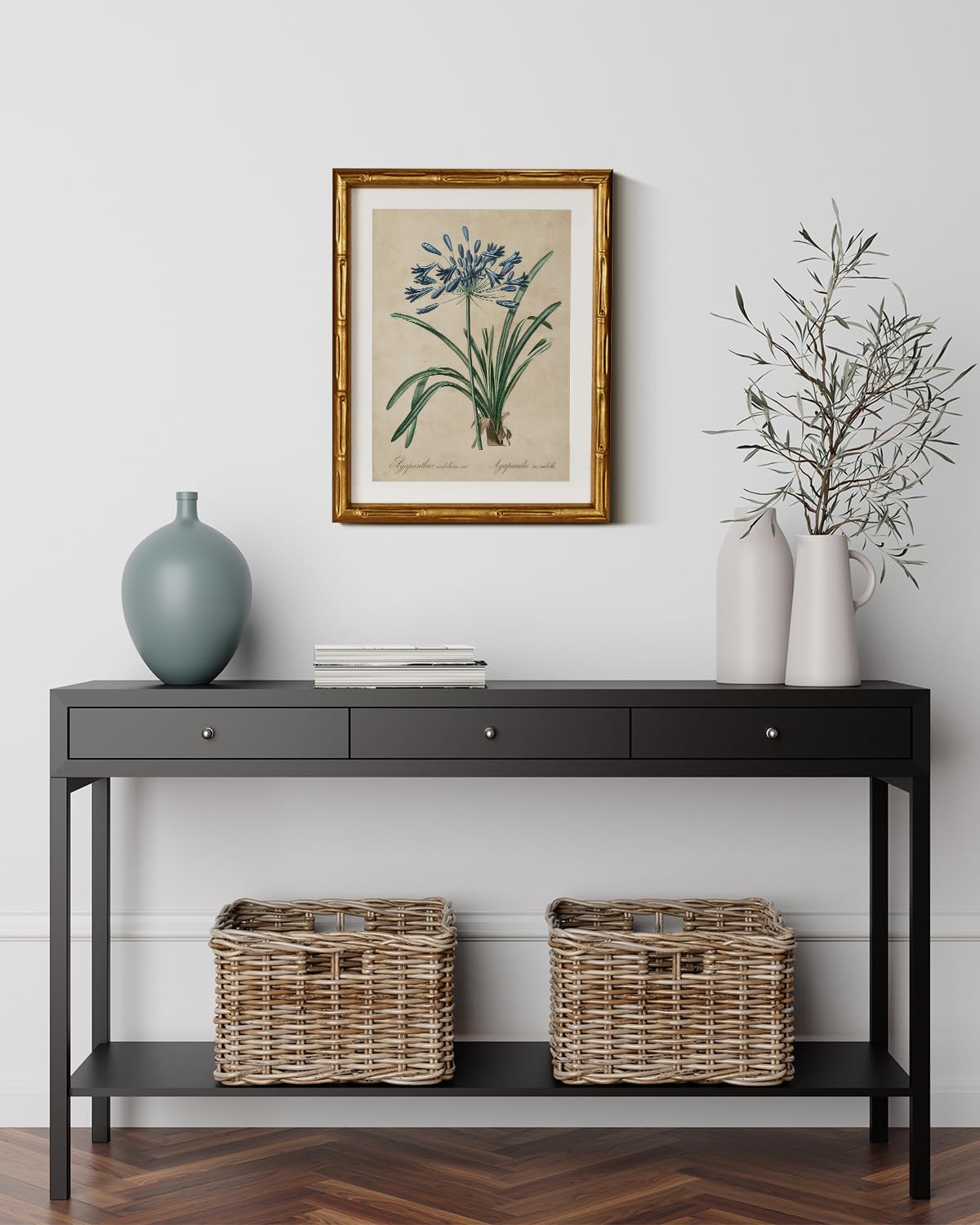 InSimSea Gold Bamboo Framed Canvas Wall Art, Retro Lily Botanical Prints, Antique Moody Picture Frame with Mat, Victorian Home Wall Decor for Kitchen Dining Living Room Bedroom, 11x14inch