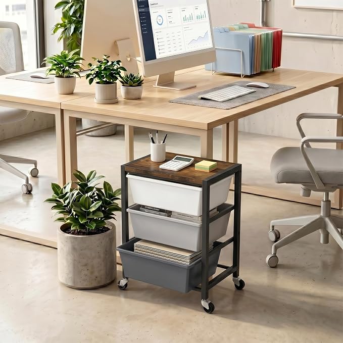 Rolling Cart with 3 Drawers, Plastic Drawer Storage Carts with Lockable Wheels & Wooden Tabletop, Metal Art Craft Utility Cart Organizer for Home Office Bedroom Dorm Bedside Classroom, Dark Gray