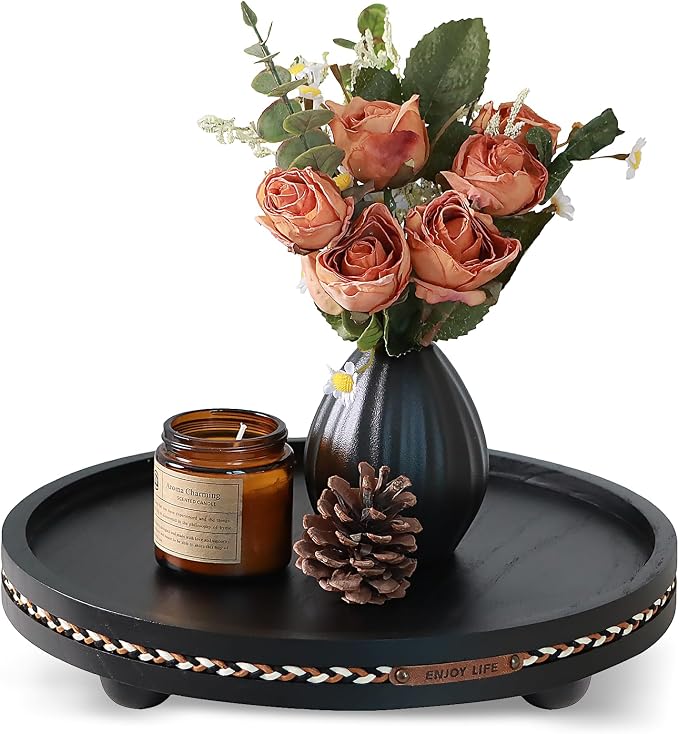 Farmhouse Decorative Round Tray, 11.81 Inch, Versatile Centerpiece Tray for Coffee Table Kitchen Living Room Bathroom, Home Decor Accent Black with Stripes