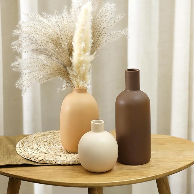 Ceramic Vase Set of 3, Brown Large Rustic Vases for Farmhouse Decor, Pampas Grass & Dried Flowers and Table Living Room Home Decor
