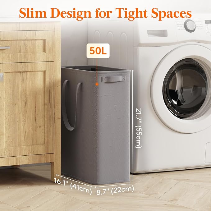 Lifewit 2 Pack Slim Laundry Hamper, Collapsible Narrow Laundry Basket, Small Tall Dirty Clothes Hampers with Handles for Bathroom Bedroom College Dorm, Grey, 50L