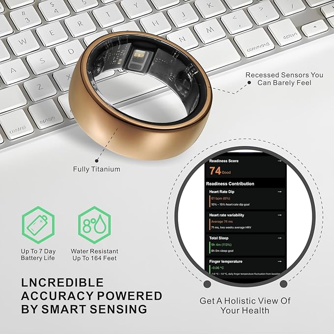 Smart Ring, Activity Trackers, Sleep Ring, Fitness Tracking, Stress Tracker, Heart Rate, Meditation, Temperature, Respiratory, No App Subscription, Women, Men, iOS, Android (Rosegold, 8)