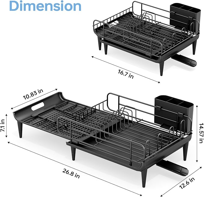 TOOLF Large Dish Drying Rack, Expandable Dish Rack for Kitchen Counter, Multifunctional Dish Drainer, Organization and Storage Essentials with Cup & Cutlery Holders, 16.7"-26.8" L x 12.6" W, Black