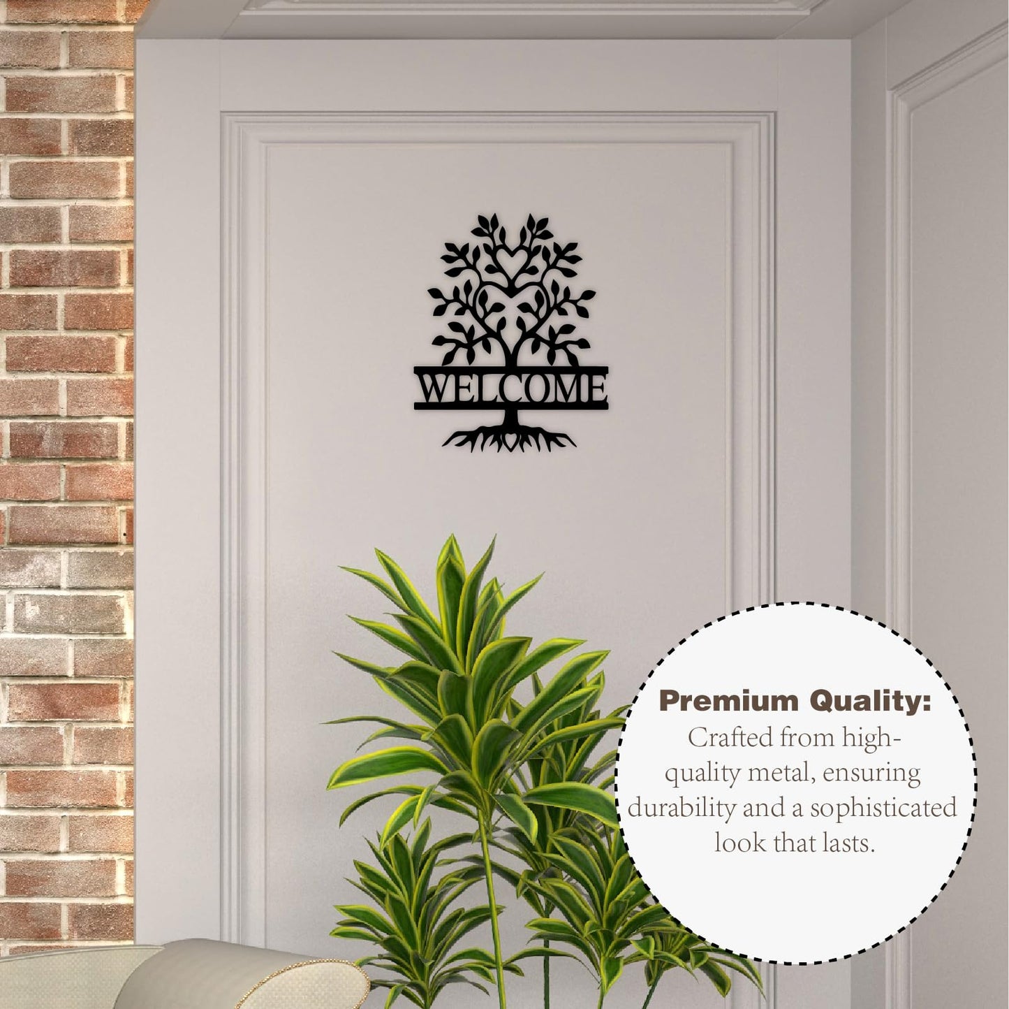 12" x 9.74" Black Metal Welcome Sign for Front Door, Tree of Life Wall Art Decor, New Home Welcome Porch Sign, for Home Living Room Office