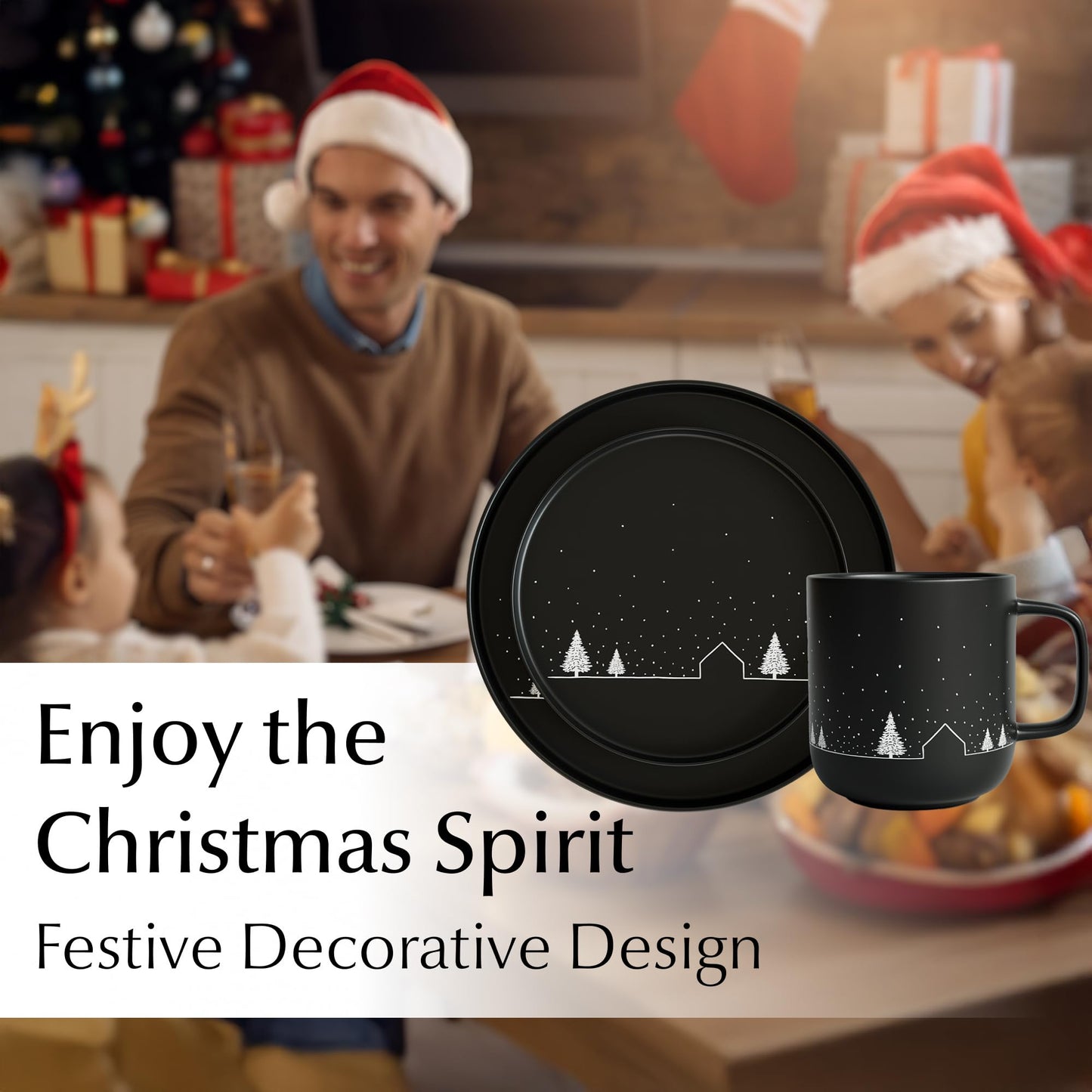 MIAMIO – Christmas Dinnerware Set 12-Piece/Christmas Plates Set with Mugs in minimalist holiday design (Service for 4) / Dishwasher and Microwave Safe – Vinter Collection
