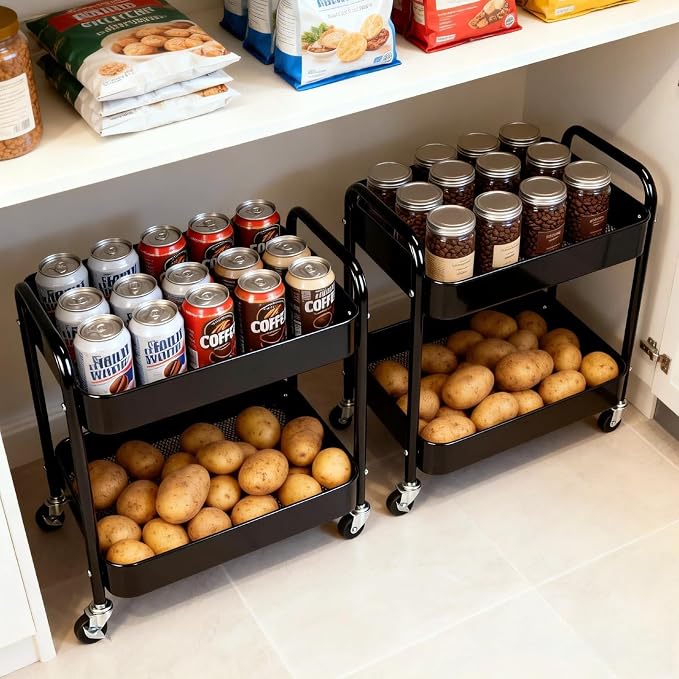 2 Pack Pantry Cart 2 Tier Small Rolling Cart with Wheels for Under Desk Storage, Short Rolling Utility Cart Large Basket Metal Kitchen Shelf with Mesh Laundry Room Organizer Side Table, Black
