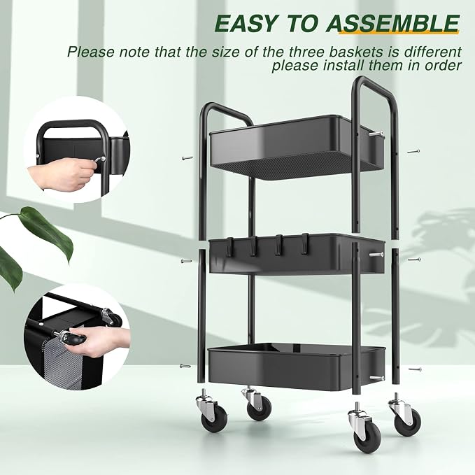 LEHOM 3 Tier Rolling Cart, Metal Rolling Utility Cart with Lockable Wheels & Hooks, Multi-Functional Heavy Duty Storage Cart Organizer for Bathroom, Kitchen, Office, Living Room