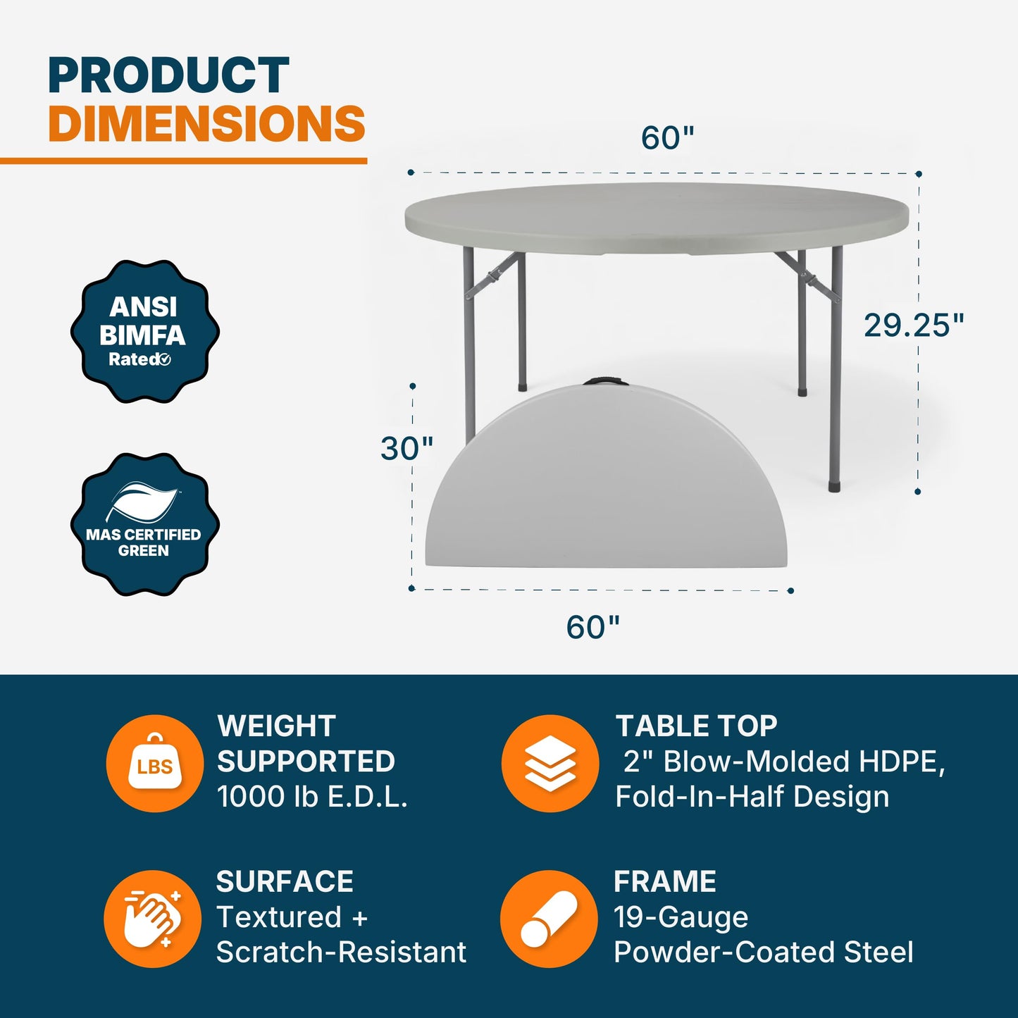OEF Furnishings OEFCMFIH60R Commercial-Grade Premium Industrial Fold-in-Half Blow-Molded Folding Table with 19-Gauge Steel Frame and Thick Top (60" Diameter, Speckled Gray Top)