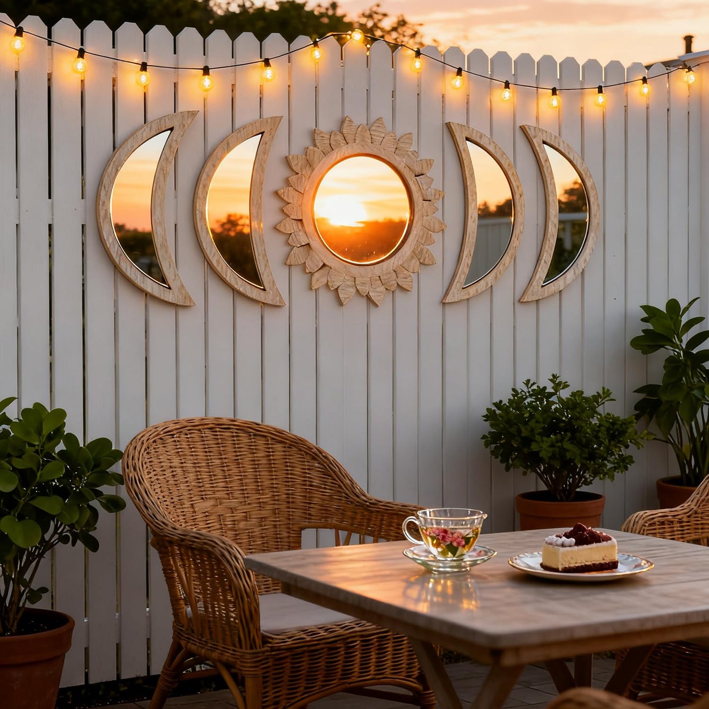 Cpcdaosk 5 Pieces Moon Phase Mirror Wall-Mounted Wall Decor Mirrors Natural Wooden Sunburst Bohemian Wall Art for Home Living Room Bedroom Decoration