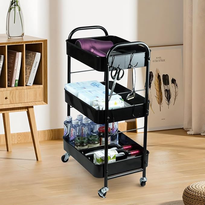 SUNLPH 3-Tier Rolling Utility Cart with Stopper Caster Wheels and 4 Hooks, Easy Assembly, for Kitchen, Bathroom, Living Room, Office (17.7”L x 12.2”W x 29.1”H, Black)