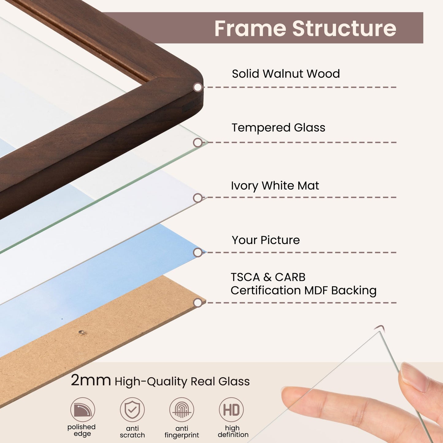 FLYJOE 4x6 Picture Frame - Solid Walnut Wood Frame 4x6 with Mat for 3.5x5, 4''x6''Photo Frame,Tabletop and Wall Display, Hanging Hardware Included, 4 By 6 Picture Frame Wood, Natural Walnut