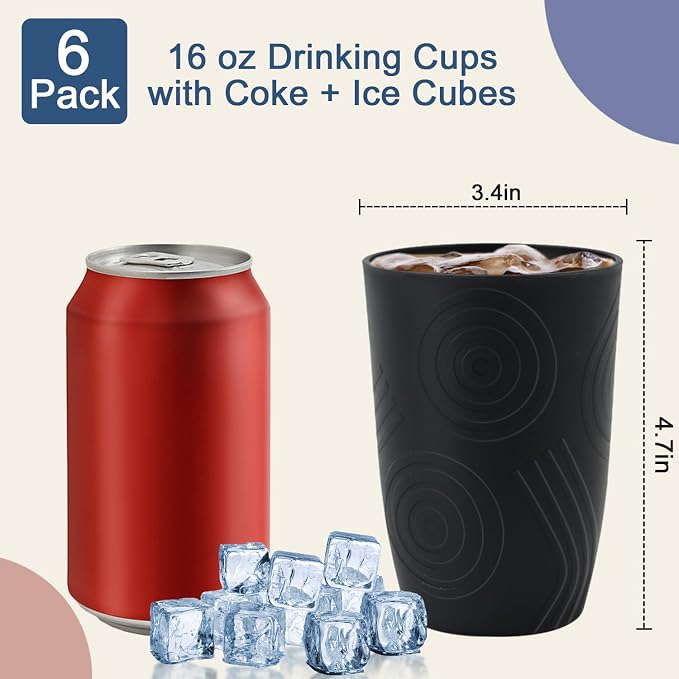 Wheat Straw Cups 6 PCS - 16 OZ Drinking Glasses, Unbreakable Drinking Cup, Water Tumbler for Kitchen, Alternative to Plastic Cups Reusable Microwave and Dishwasher Safe (Black, Grey)