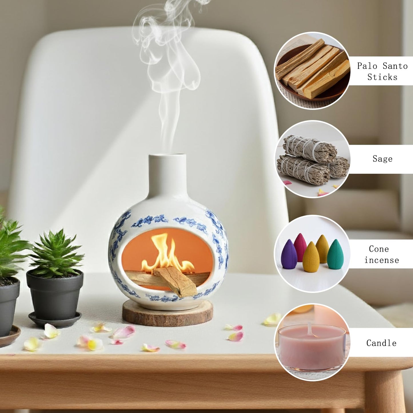Youmtool Blue and White Porcelain Palo Santo Holder & Ceramic Incense Burner, Handcrafted Mini Chimney with Tree of Life 7 Chakra Stones Pendant, Ash Catcher for Sage & Cones, Yoga Meditation Gift Set