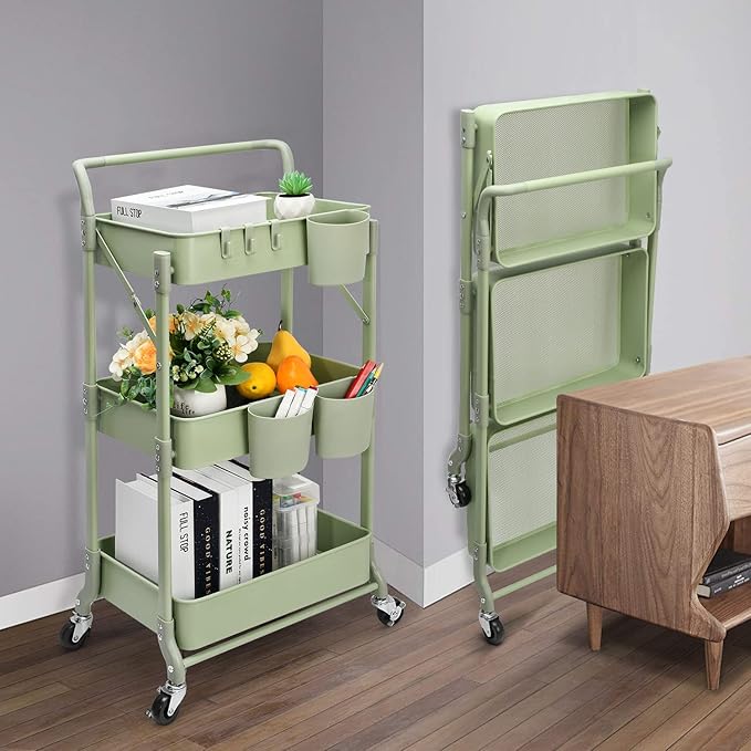 Foldable 3 Tier Rolling Cart, Metal Utility Cart, Folding Mobile Multi-Function Storage Trolley Organizer Cart for Home Library Office(Green)