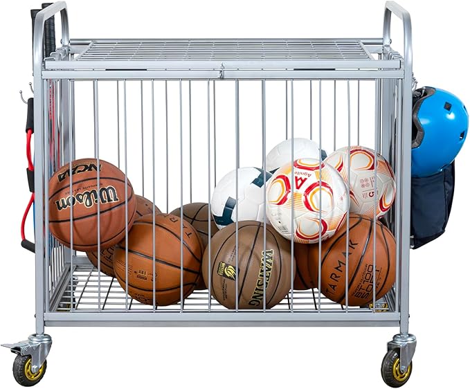 MyGift Large Capacity Metal Rolling Multi Sports Ball Cage Storage Hopper, Gym Equipment Basket Cart with Lockable Latch, Heavy Duty Caster Wheels, and 8 Accessory Hooks