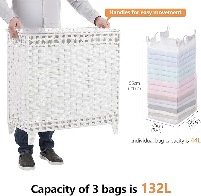 Laundry Hamper with 3 Removable Liner Bags; 132L Handwoven Rattan Laundry Basket with Lid & Heightened Feet; Clothes Hamper with Side Handles; Laundry Sorter with 3 Separate Sections