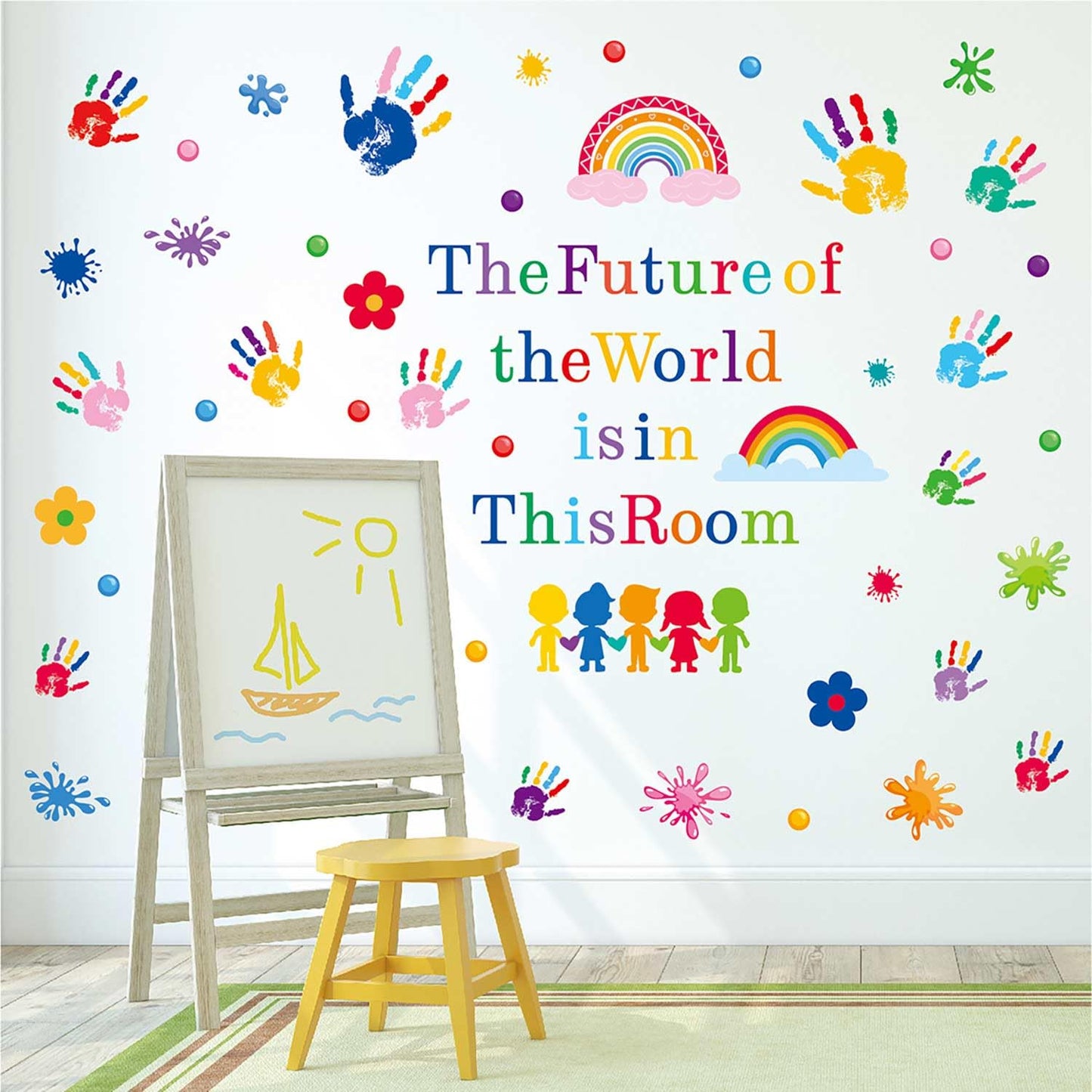 CharmFlo Inspirational Wall Decals for Kids Motivational Classroom Decor with Removable Quotes The Future of The World is in This Room Peel and Stick Wall Stickers Bedroom Nursery School Playroom