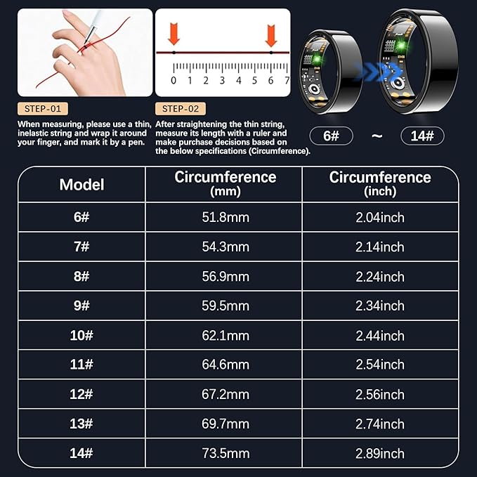 Ring Health Tracker for Women Men, Fit Ring with Heart Rate, Blood Oxygen, Sleep Monitor, Calories, Step Counter, IP68 Waterproof Smart Ring for iPhone & Android, No Subscription Fee (Black, 6#)