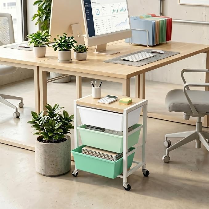 Rolling Cart with 3 Drawers, Plastic Drawer Storage Carts with Lockable Wheels & Wooden Tabletop, Metal Art Craft Utility Cart Organizer for Home Office Bedroom Dorm Bedside Classroom, Bright Green