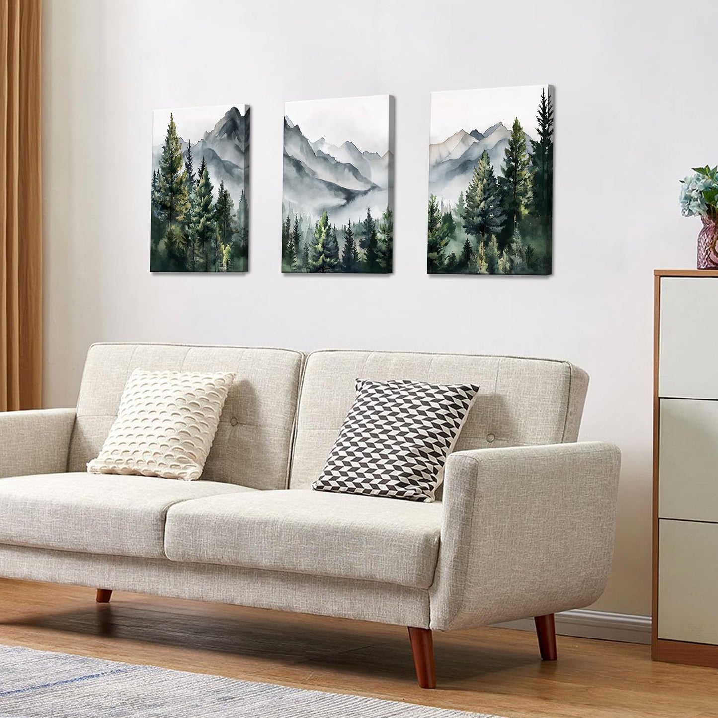WANGTIAO 3 Panels Framed Canvas Wall Art for Living Room, Abstract Mountain Forest Views Ink Wall Decor for Dedroom Office Wall Paintings Green Landscape Art Prints Pictures Ready to Hang 12"x16"x3