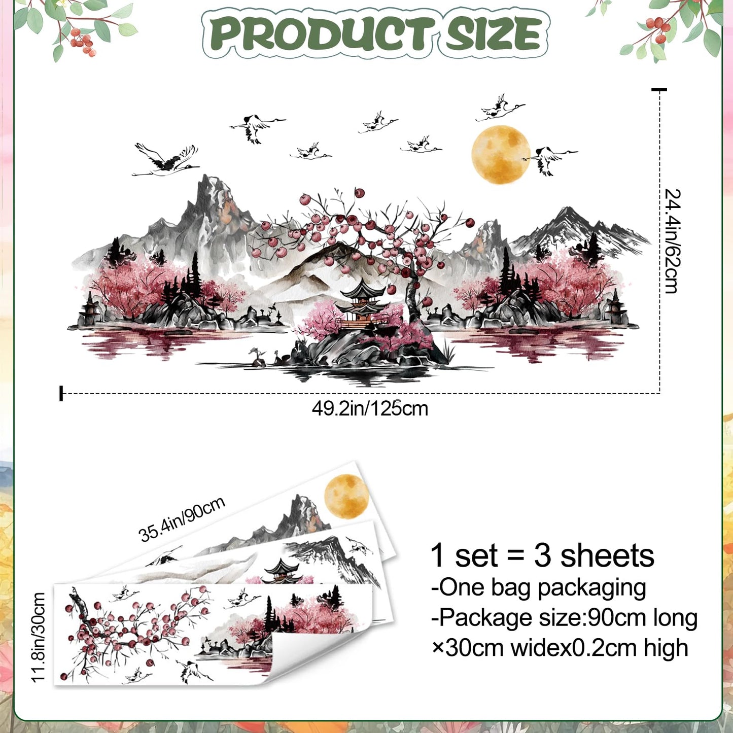 DRWSSR 3 Sheets Removable Chinese Style Splash Ink Landscape Painting Wall Decal DIY Red Sun Flying Bird Pavilion Red Forest Art Mural for Living Room Bedroom TV Background Wall Home Decor