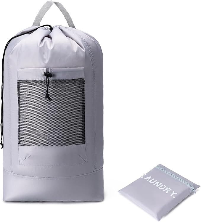 Backpack Laundry Bag,Large Travel Laundry Bags with Shoulder Straps and Mesh Pockets,Laundry Backpack with Drawstring Closure for College,Trave,Dorm, Apartment,Laundromat (Grey)