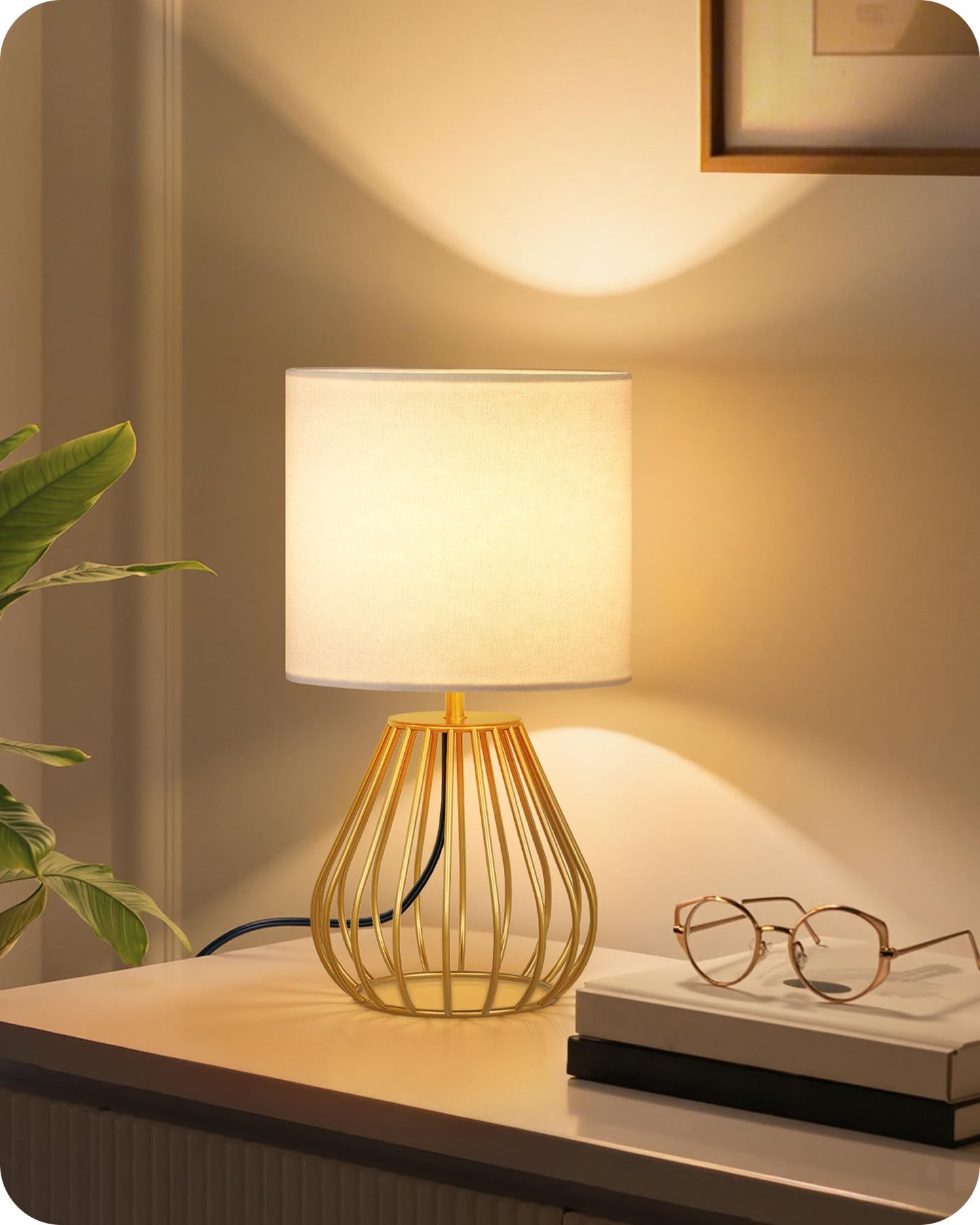 GOEBLESON Gold Table Lamp, Small Gold Bedside Lamp with Metal Base & White Linen Lampshade, Modern Nightstand Lamp, Little Cute Desk Lamp for Bedroom, Living Room, 2700K LED Bulb Included, DCW06TL05