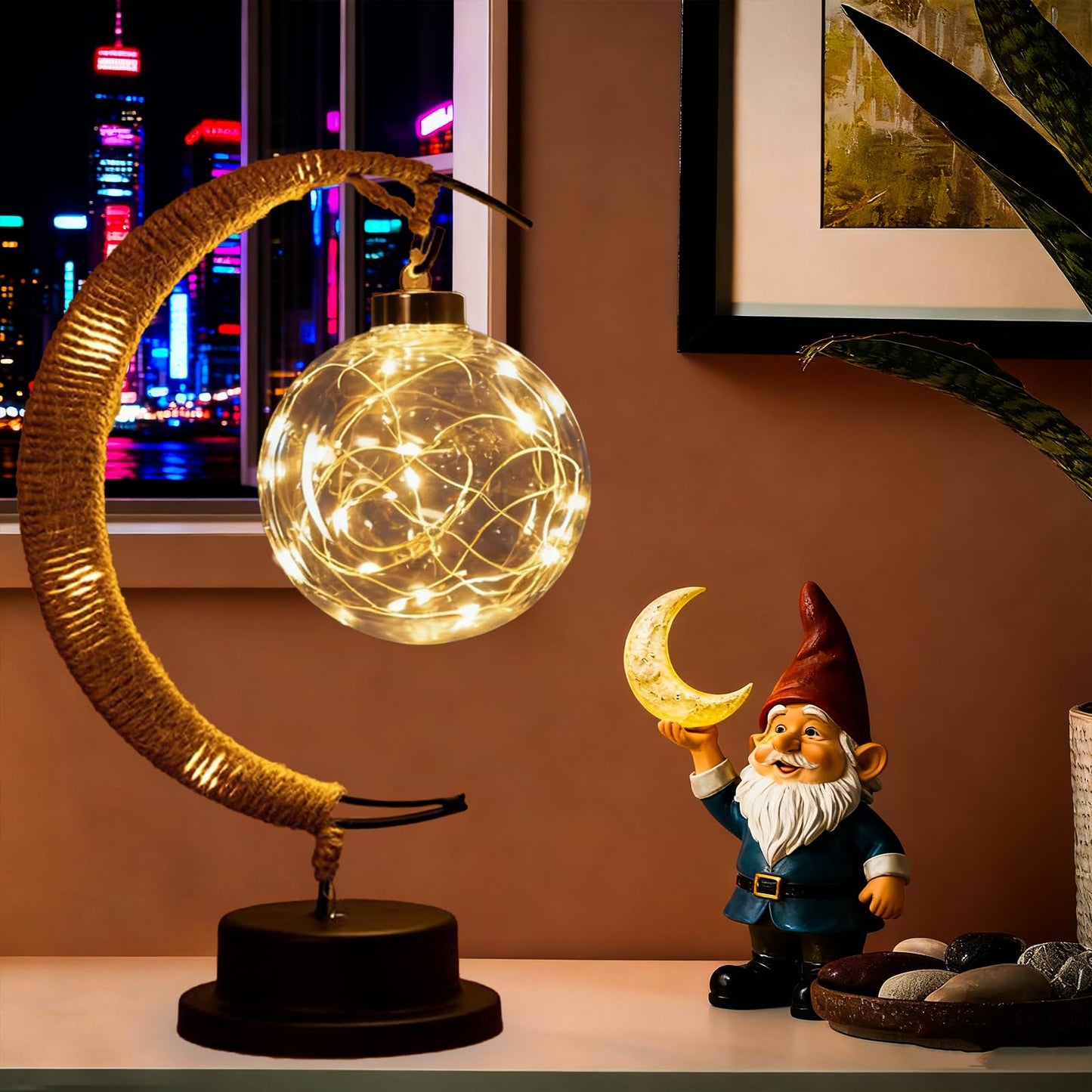 Taoushuleng Moon Table Night Light with Hanging Star Ramadan Decorative Lamp Battery Operated Suitable for Home Bedroom Shop Dining Table Holiday Party Eid Festival Decoration (HEMPmoon-WW-Ball)