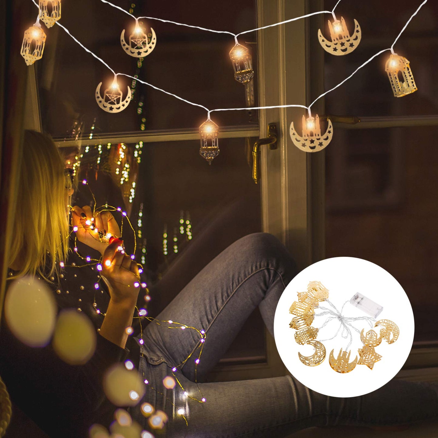Uonlytech 1 Set Muslim Ramadan String Lights Muslim Eid Party Light Decors Eid Mubarak Decoration Fairy String Lights Battery Operated LED Ramadan Lamp for Festival Golden
