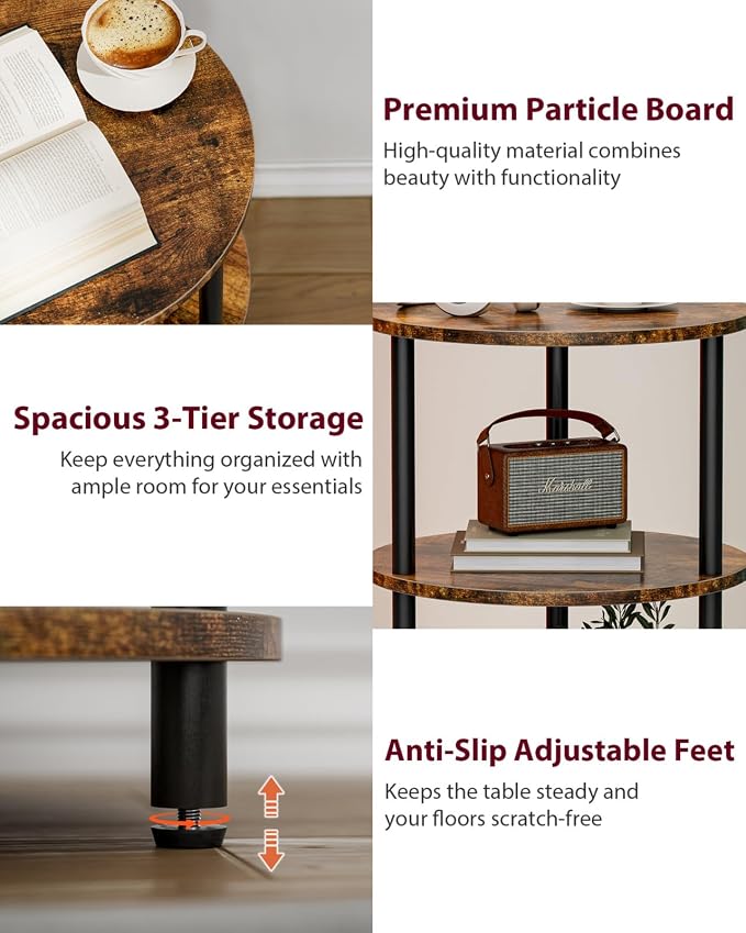 XBurmo Small Round End Table - 3 Tier Design Accent Table, Narrow Side or Bedside Stand, Industrial Vintage Nightstand for Bedroom, Living Room, or Small Spaces, Set of 2, Rustic Brown