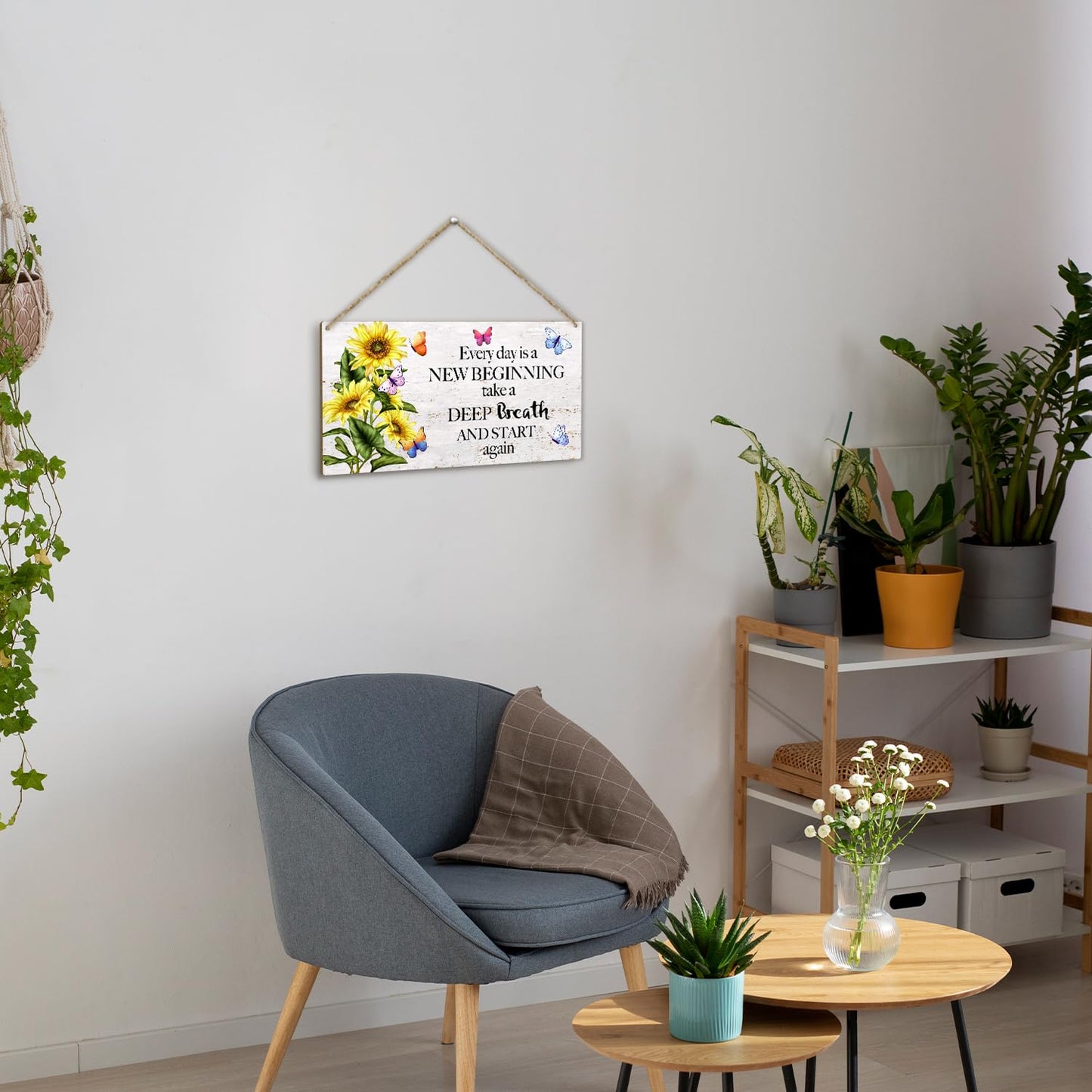 Butterfly Front Door Inspiration Wooden Hanging Sign, Every Day is a New Beginning Take a Breath Rustic Hanging Wall Plaque Sign, Wooden Art Printed Decor Gift for Outdoor Indoor Home -22