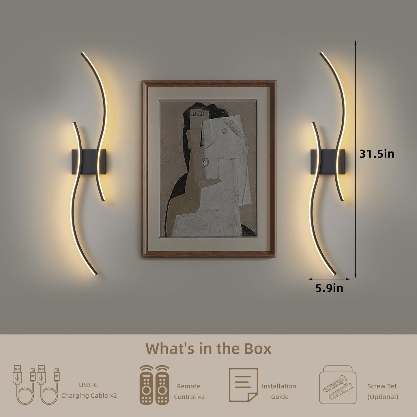 GLOTHOR Battery Operated Wall Sconces Set of 2, Dimmable Modern LED Rechargeable Wall Light with Remote Control, Wall Decor for Living Room, Hallway, Quick Install, No Electrician Required