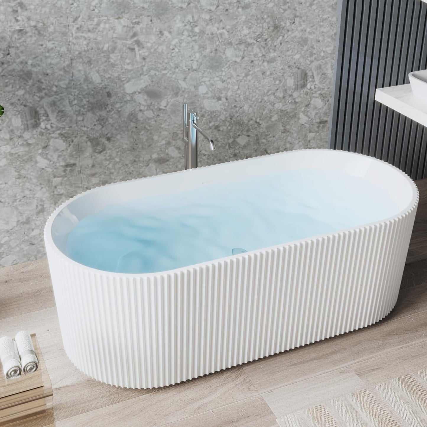 GarveeTech 59" Freestanding Acrylic Bathtub - Luxury Soaking Tub with Overflow Drain, CUPC Certified, Pleated Design, Glossy White, Easy Installation for Modern Bathroom