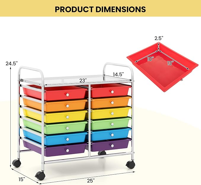 Giantex 12 Drawers Rolling Cart, Mobile Storage Drawer Cart, Classroom Organizer Cart for Office School Supplies Tools Scrapbook Paper Craft Small Printer, Utility Cart on Wheels, Multicolor