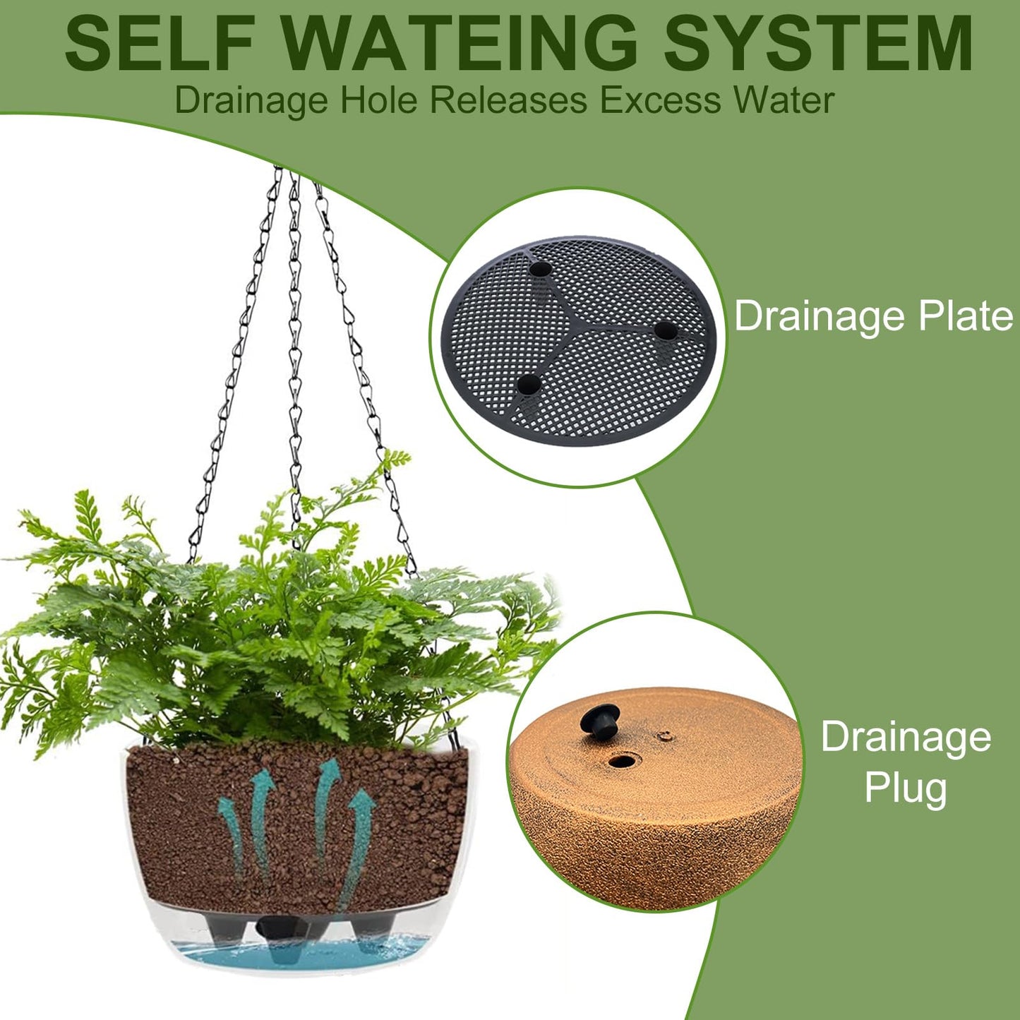 BAYN 2 Packs Solar Hanging Basket Planters for Plants Outdoor, Self Watering Bronze Flower Plants Pots with Solar Light Drainer for Balcony Patio Garden Outdoor Decoration
