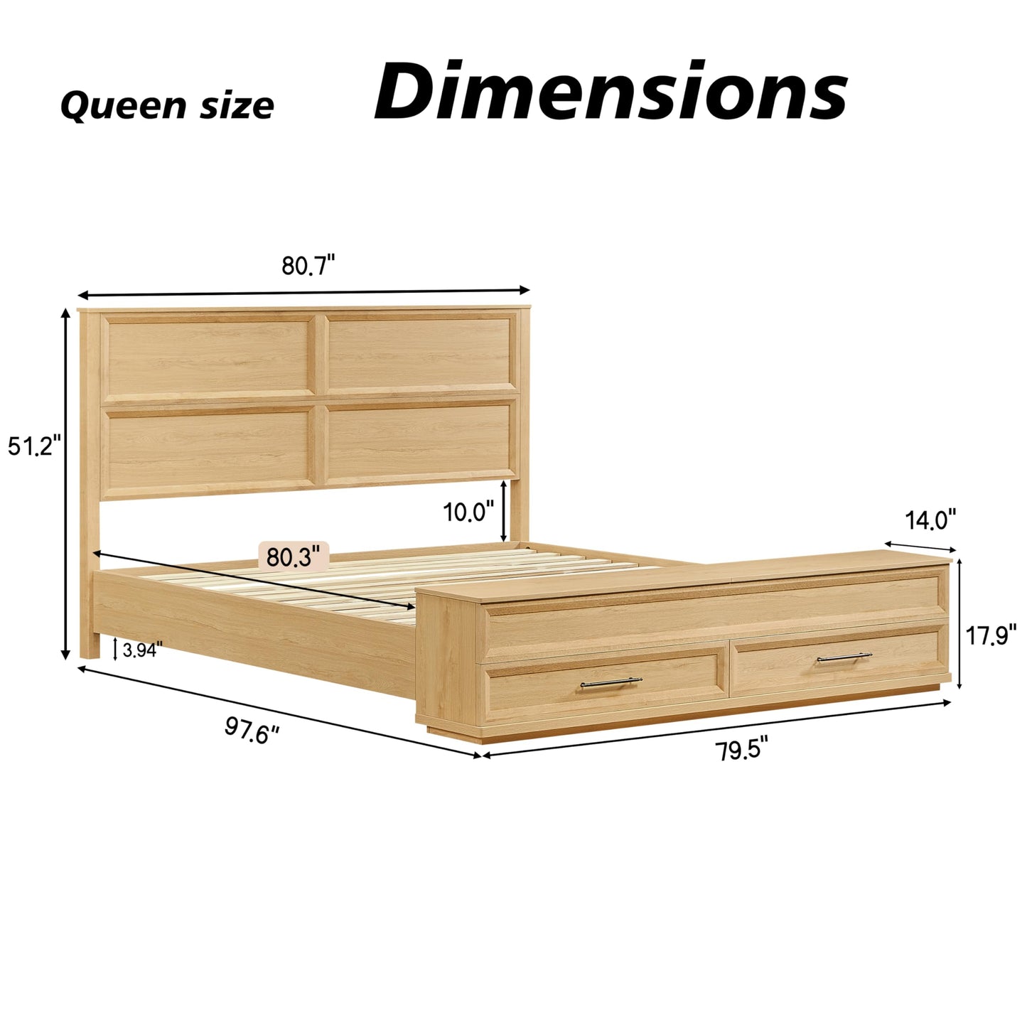 KEIKI King Bed Frame with Headboard & Storage Bench, Boho Solid Wood Platform Panel Bed with 4 Drawers, Natural Oak Bedroom Furniture Bed, Noise Free