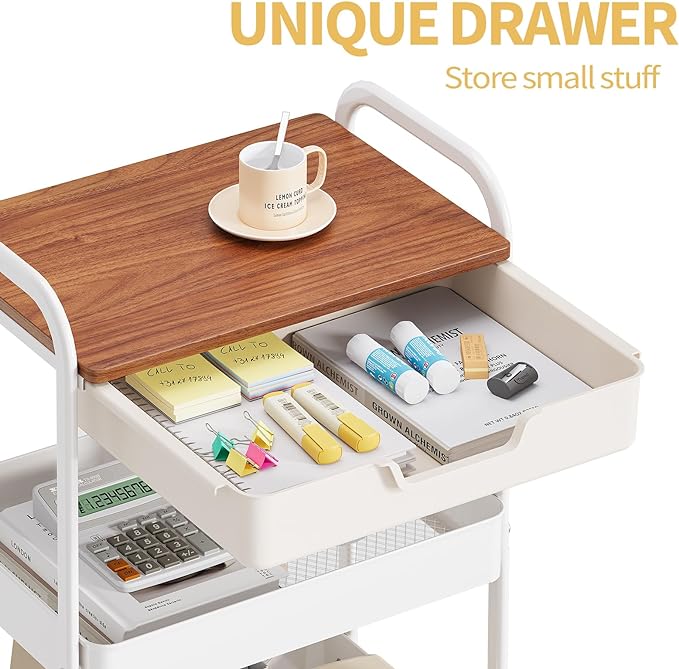 TOOLF 3 Tier Metal Utility Rolling Cart - White Storage Cart with Drawer and Wooden Table Top, Trolley Kitchen Organizer Rolling Desk with Locking Wheels for Office, Classroom, Home, Bedroom