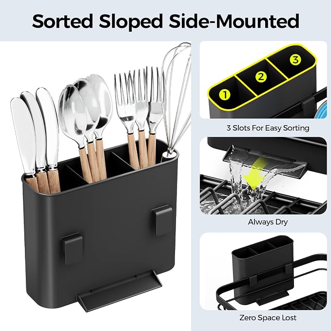 Urackify Dish Drying Rack for Kitchen Counter, Sink Dish Rack with Drainboard 12.2" W x 16.5" L, Large Dish Drainer with Cutlery Holder, Home Countertop Plate Dryer Storage Rack, Black