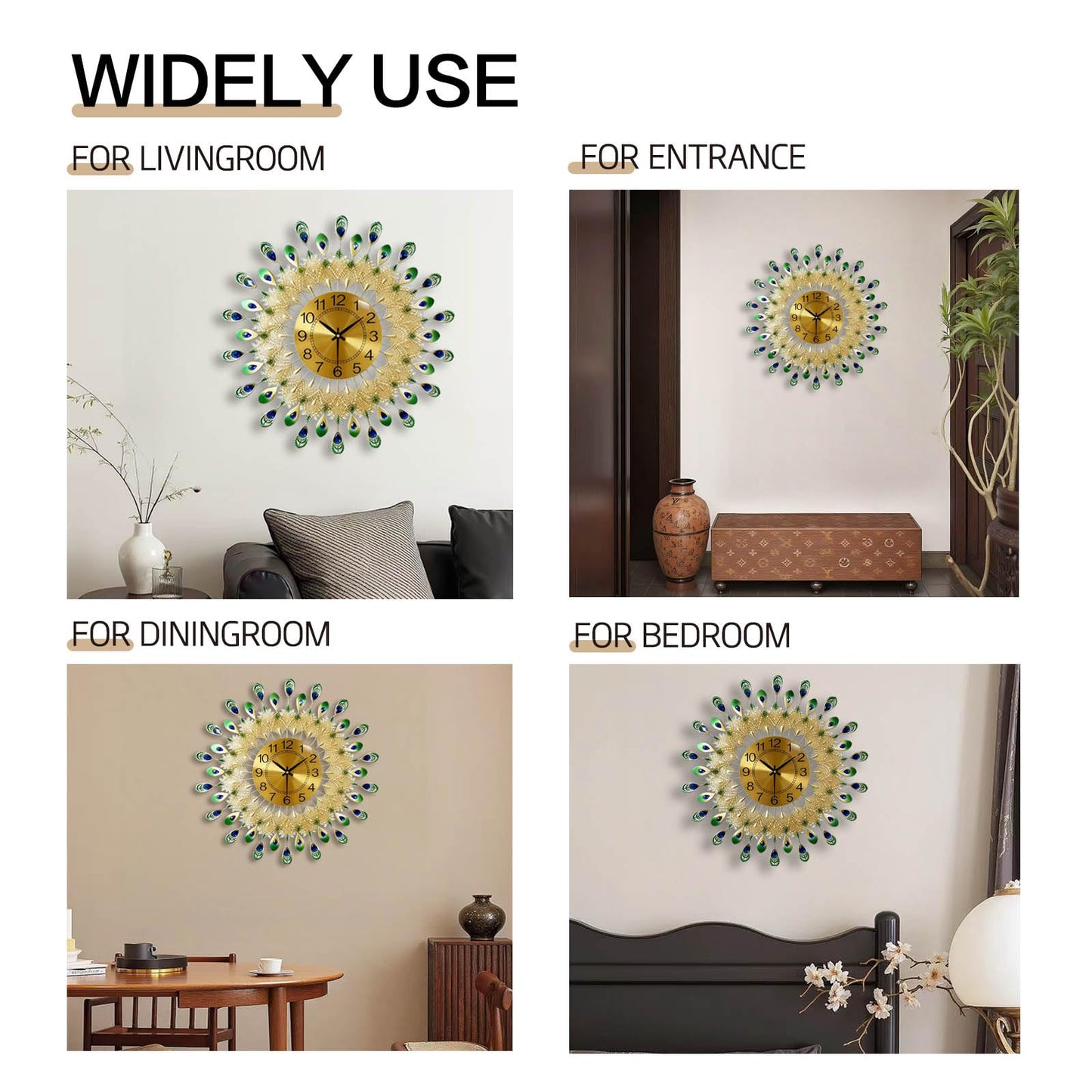 LIYUANSI Large Peacock Wall Clock,Non-Ticking Silent Creative Personality Modern Art Decorative Wall Clocks,for Living Room Bedroom Dining Room Decor,Dia 20 inch