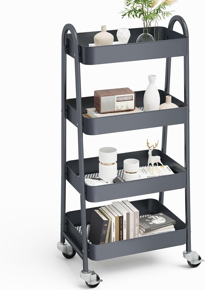 OLIXIS Metal 4 Tiers Utility Rolling Cart, Mobile Storage Shelf with Lockable Caster Wheels, Organization for Livingroom, Bathroom & Narrow Places, 4-Tier Gray