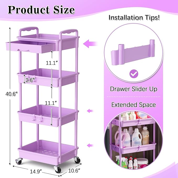 SUNALLY 4 Tier Rolling Cart Organizer with Drawer, Bathroom Storage Carts with Wheels & Plastic Shelf, Mobile Storage Organizers for Kitchen, Office, Laundry Room, Baby, Snack, Craft, Makeup, Purple